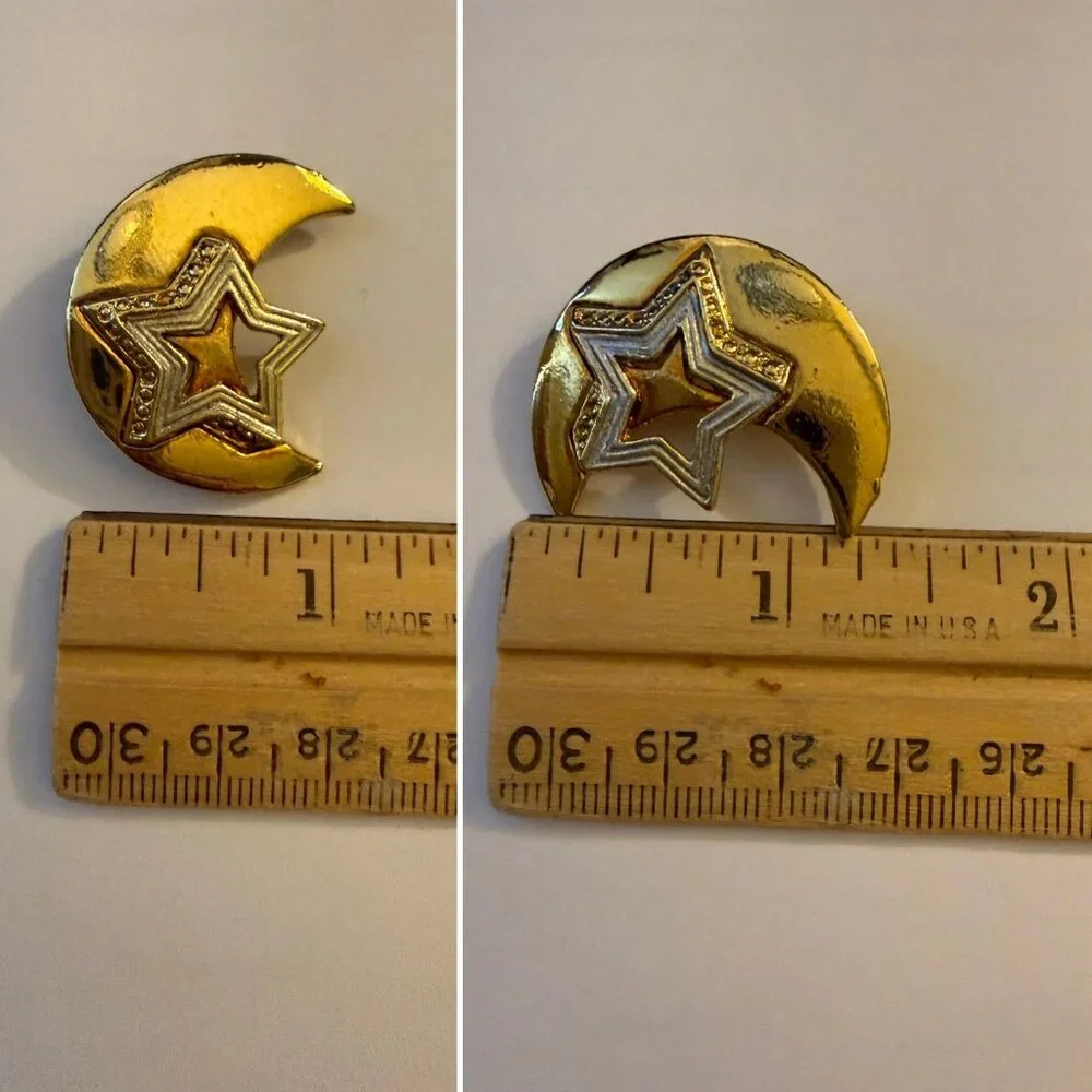 Vintage Moon Star Gold Tone Brooch Pin 1980s Celestial Costume Jewelry HAS FLAWS